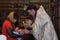 Moscow region, Russia, 01.22.2019. The Holy Orthodox rite of the sacrament of baptism newborn baby in a Christian Church
