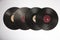 MOSCOW / RUSSIA - 04/05/2020 isolated flat lay shot of a row of a stack of four old Soviet phonograph vinyls on a white background