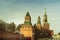 Moscow / Russia - 04.2019: Kremlin wall and towers in Moscow against the blue sky