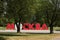 Moscow, Russia - 07.12.2021: word Moscow in russian language constructed of big red letters in a park