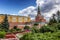 Moscow, Russia, 08/06/2019: Kremlin towers in the Alexander Garden. Sunny bright day. Beautiful city landscape