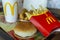 Moscow, Russia, 08/11/2019: Lunch at McDonald`s on a tray. French fries, hamburger and drink