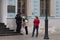 Moscow, Russia: 08.16.2020. Presidential elections in Belarus. Police forbid girls from putting white flowers at the building