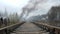 MOSCOW RUSSIA - 09.11.2019: An old Soviet steam train moves on rails during World War II. Evacuates the local civilian