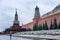 Moscow, Russia, 11/05/2019: Spasskaya Tower and the mausoleum on Red Square. Beautiful cityscape on a cloudy day