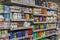 Moscow, Russia, 15/05/2020: Large selection of hygiene products on shelves in a supermarket. Side view