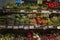 Moscow, Russia, 15/05/2020: A variety of vegetables in packages with price tags on the counter in the supermarket. Front view.