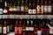 Moscow, Russia, 15/05/2020: Wine bottles on the shelves in the store. Large assortment of alcohol