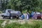 Moscow, Russia, 27/06/2020: Mobile tank with milk in the village. Queue of buyers