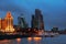 Moscow, Russia. Aerial view of hotels with river and skyscrapers