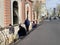 Moscow, Russia, April, 19, 2021. Foreign workers restore the facade of the Church of Peter and Paul on Novaya Basmannaya Street in