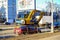 MOSCOW, RUSSIA, APRIL,2.2019: Powerful wheeled excavator jcb in motion on the streets of the metropolis