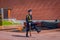 MOSCOW, RUSSIA- APRIL, 24, 2018: Outdoor view of single soldier marching of the Kremlin regiment are changing the guard