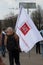 MOSCOW, RUSSIA - APRIL 30, 2018: A man with the flags `Movement 14` after a rally on Sakharov Avenue against censorship Internet