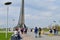 Moscow, Russia - April 30. 2018. People are walking along Cosmonauts alley in Cosmopark