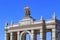 Moscow, Russia - August 01, 2018: Arch of Main entrance with gilded figures of Tractor driver and collective farm girl on Exhibiti