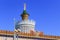 Moscow, Russia - August 01, 2018: Tower with gilded spire with soviet star on the roof of pavilion Ukrainian SSR on Exhibition of