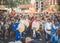 Moscow, Russia - August 09, 2018: Japanese artist perform at Bon Festival in blue kimono with big drum odaiko on