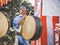 Moscow, Russia - August 09, 2018: Japanese artist perform at Bon Festival in blue kimono with big drum odaiko on