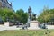 Moscow, Russia, August, 12, 2018. eople walking on Sretensky Boulevard in the summer near the monument to V. G. Shukhov