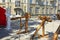 Moscow, Russia, August, 12, 2018. Models of ancient throwing weapons on Pokrovsky Boulevard in Moscow during the festival ` Times