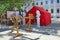 Moscow, Russia, August, 12, 2018. Models of ancient throwing weapons on Pokrovsky Boulevard in Moscow during the festival ` Times