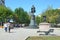 Moscow, Russia, August, 12, 2018. Ð—eople walking on Sretensky Boulevard in the summer near the monument to V. G. Shukhov