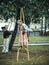 MOSCOW, RUSSIA - AUGUST 16, 2018: Historical festival Times and Epochs. Children learn to walk on wooden stilts. The