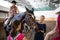 Moscow, Russia - August 2019: Horses and visitors to the equestrian base, horseback riding