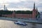 Moscow, Russia - August 2020: Beautiful panoramic postcard view of the wall of the Moscow Kremlin, Moscow River, boats