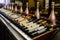 Moscow, Russia, August 2021: Wine bottles laid out in a row on a shelf in a store