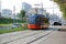 Moscow. Russia. August 23, 2016. The tram goes on rails along Prospekt Street of the world, transports passengers around the city.