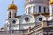 MOSCOW, RUSSIA - AUGUST 9, 2021: Cathedral of Christ the Saviour facade with bronze decorative sculptures