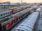 MOSCOW, RUSSIA, DEC,13, 2016: Winter view from above on TVZ russian passenger trains coaches at under maintenance in Moscow