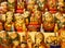 Moscow, Russia - December 06, 2018: Large selection of matryoshkas Russian souvenirs at the gift shop. Nesting dolls are