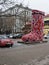 Moscow, Russia - December 12, 2017. Christmas installation in the form of a huge red boots, near the circus on Tsvetnoy Boulevard