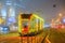 Moscow, Russia. December 26, 2019 A tram lit by a network of LEDs travels on rails in a foggy night. Environmentally friendly