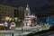 Moscow, Russia - February 04, 2020: View of the bell tower of Khram Georgiya Pobedonostsa in Zvezd Estrady Square