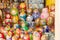 MOSCOW, RUSSIA - FEBRUARY 13,2019: Large selection of matryoshkas Russian souvenirs at the gift shop. Nesting dolls are