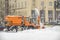 Moscow, Russia, February 13, 2021: Snowplow for loading snow into a truck