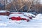 Moscow, Russia - February 18, 2021: Snow covered car after heavy snowfall in Moscow