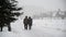 Moscow, Russia - February 2, 2016 - People walk in snowstorm at a city park