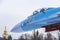 MOSCOW, RUSSIA - FEBRUARY 28, 2016: Faselage fragment and cockpit of the Su-27 fighter aircraft, installed as an exhibit at the