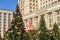 Moscow, Russia - January 10, 2018: City christmas decoration. Christmass trees in front of the Four season hotel