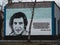 Moscow, Russia - January 17, 2020: Mural of Vladimir Vysotsky on brick wall opposite museum house of Vladimir Semenovich Vysotsky