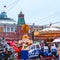 Moscow, Russia - January 5, 2018: Carousel on the Red Square in front of Gum. New Year and Christmas market and