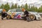 Moscow, Russia: July 06, 2019: Cosplay. Weasley brothers make magic painting on a tuned and lowrider volkswagen golf 7. Chip and