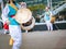 Moscow, Russia, July 12, 2018: Musician play on a Korean traditional percussion musical instrument Janggu double-headed drum with