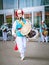 Moscow, Russia, July 12, 2018: Musician play on a Korean traditional percussion musical instrument Janggu double-headed drum with