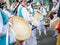 Moscow, Russia, July 12, 2018: Musician play on a Korean traditional percussion musical instrument Janggu double-headed drum with